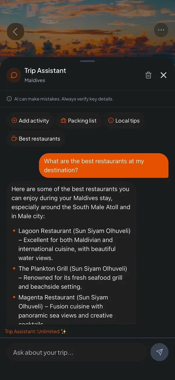 The trip assistant suggesting restaurants in the Maldives