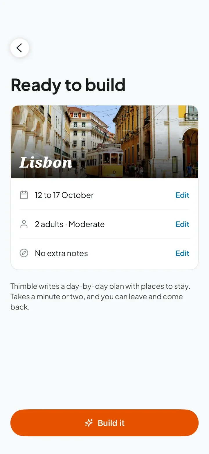 Thimble's trip builder, ready to build a Lisbon trip for 2 adults, October 12 to 17
