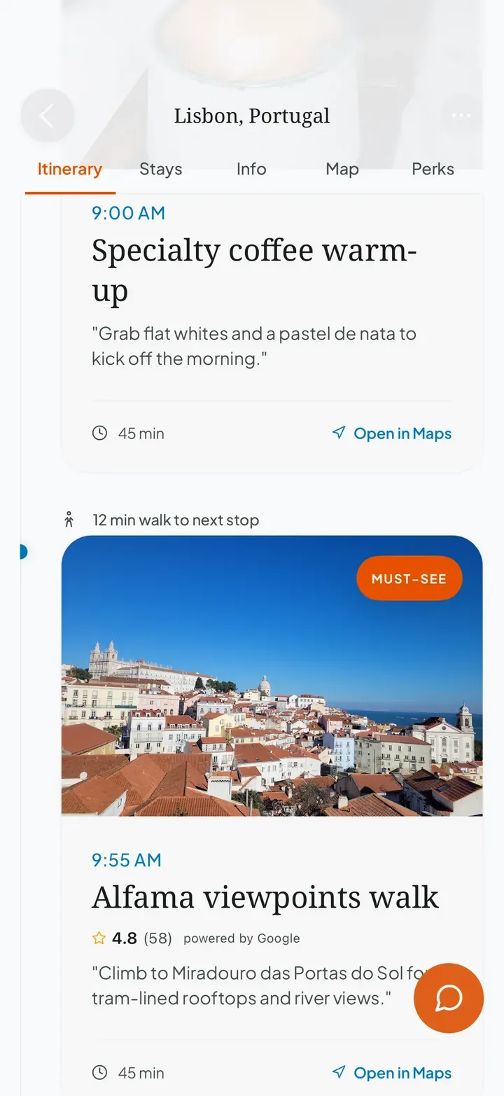 Day 1 in Lisbon: coffee at 9:00 AM, a 12 minute walk, then the Alfama viewpoints at 9:55 AM
