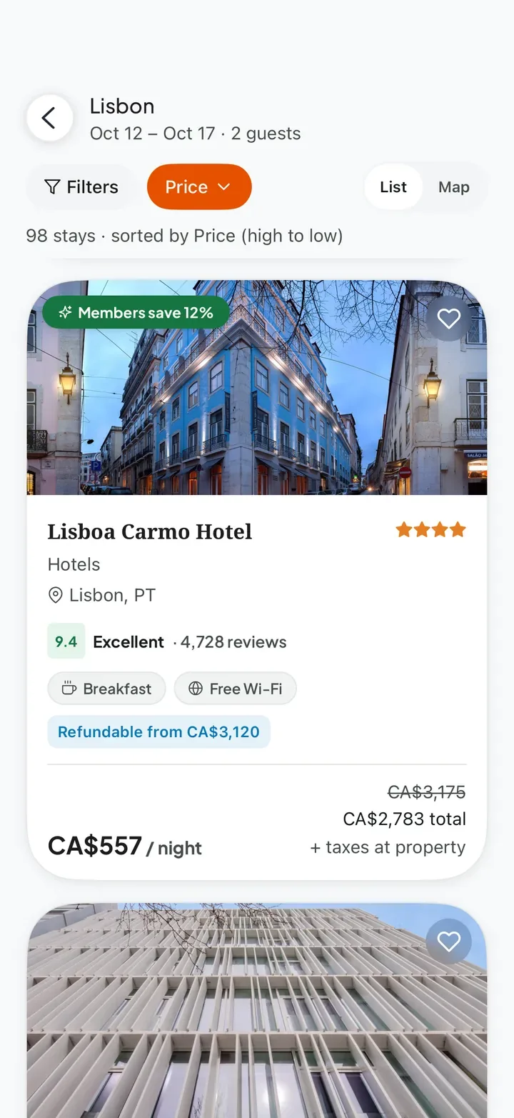 Lisbon hotel results for October 12 to 17, with a 12% member saving on the Lisboa Carmo Hotel