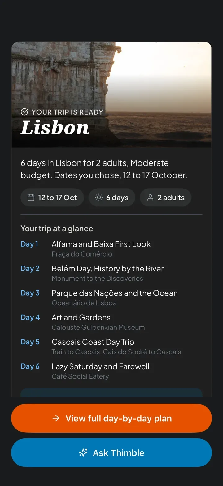 Your trip is ready: 6 days in Lisbon for 2 adults, with a plan for each day