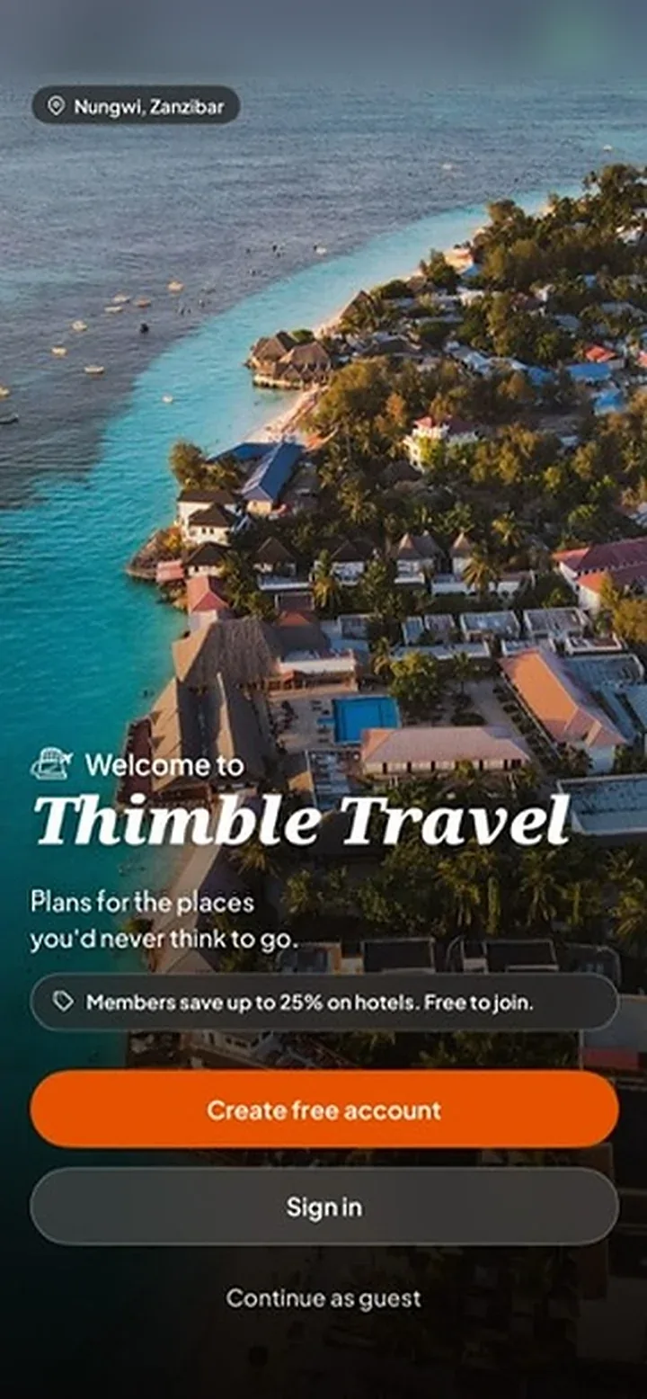 The Thimble Travel welcome screen over an aerial view of Nungwi, Zanzibar